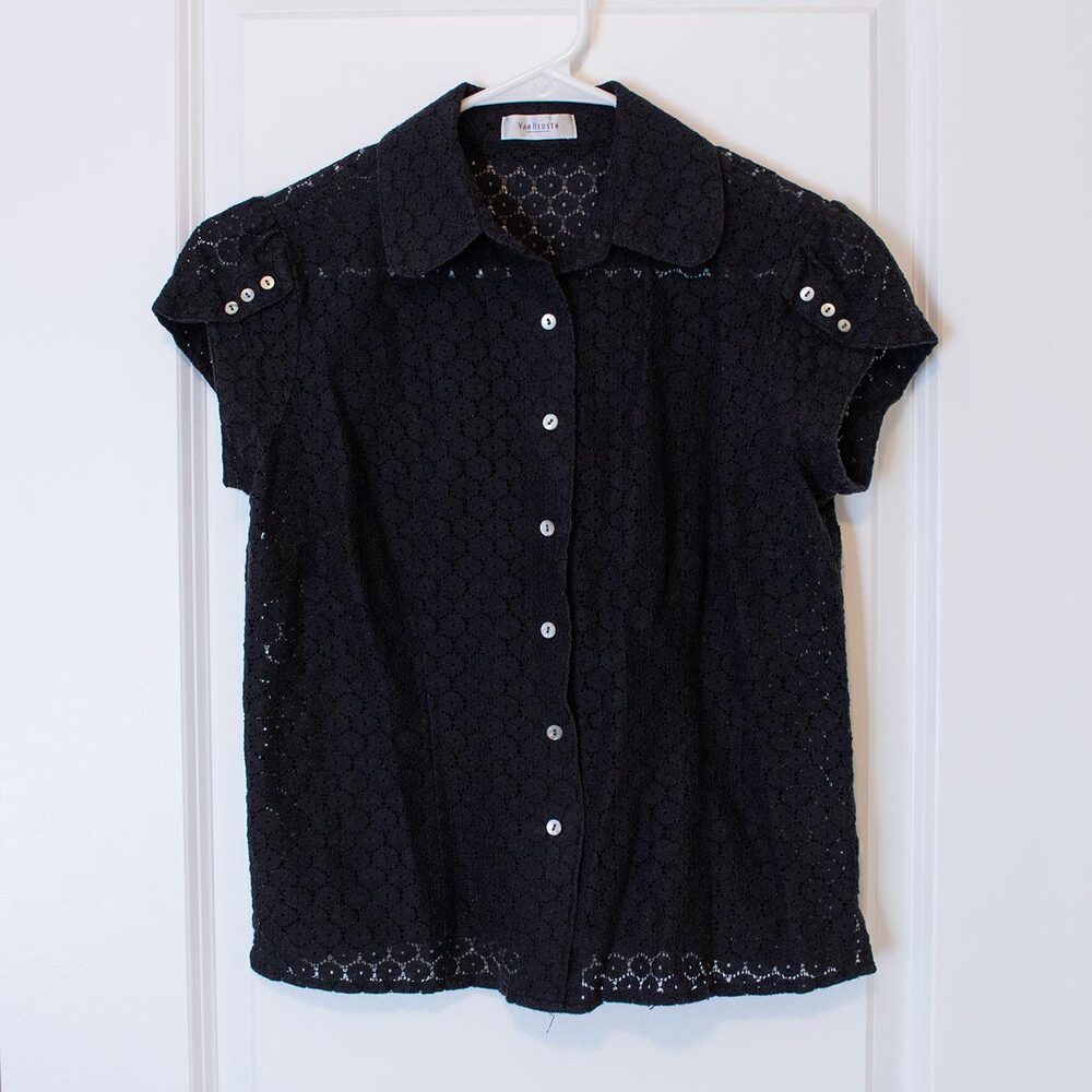 M Van Heusen Button Flower Diecut black sheer blouse short puff petal sleeve